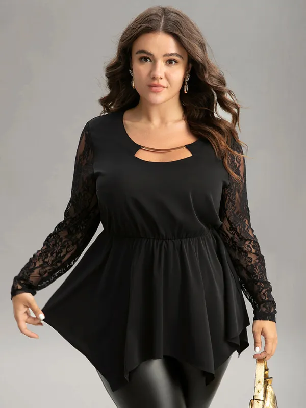 Guipure Lace Metal Detail Cut Out Hanky Hem Blouse sold by Bloomchic