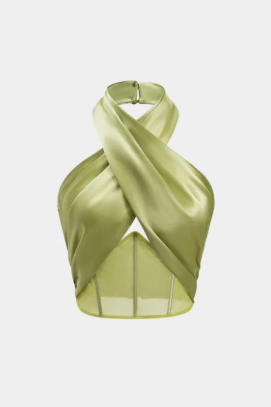 Satin Mesh Ruched lynlås krydsede rygfri tank top sold by Micas