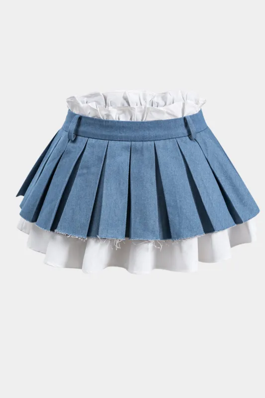 Kontrast denim plisseret patchwork nederdel sold by Micas