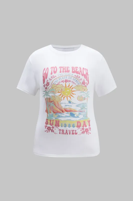 Plus størrelse sol bogstav print kortærmet t-shirt sold by Micas