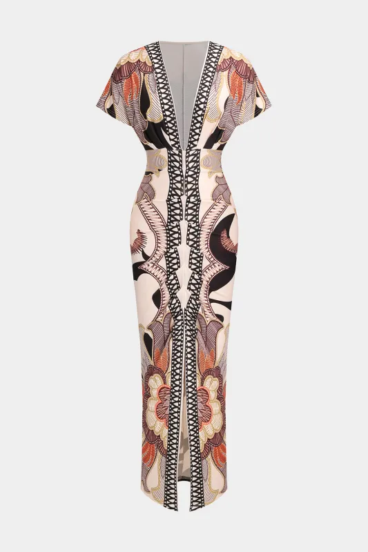 Geometriske blade Print Ruched Short Sleeve Slit Midi Dress sold by Micas