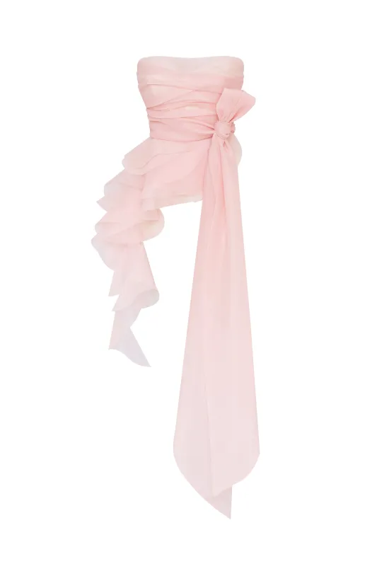 Dreamy off-shoulder blouse with meringue flounces in misty rose, Midnight Walk sold by Milla