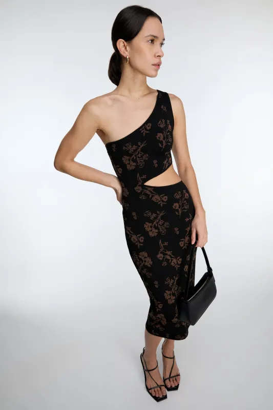 ONE SHOULDER KNIT FLORAL MIDI DRESS WITH CUTOUT sold by OAK AND FORT