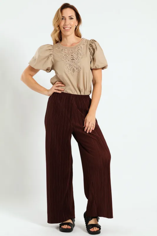 Plisse Wideleg Pants - Bitter Chocolate sold by Edgars 