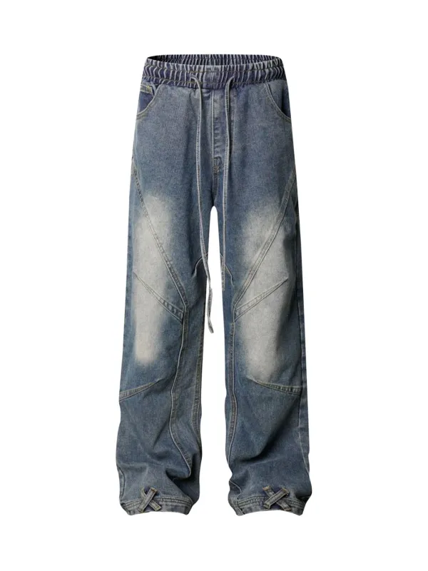 Washed Distressed Deconstructed Split Drawstring Jeans sold by Thesupermade