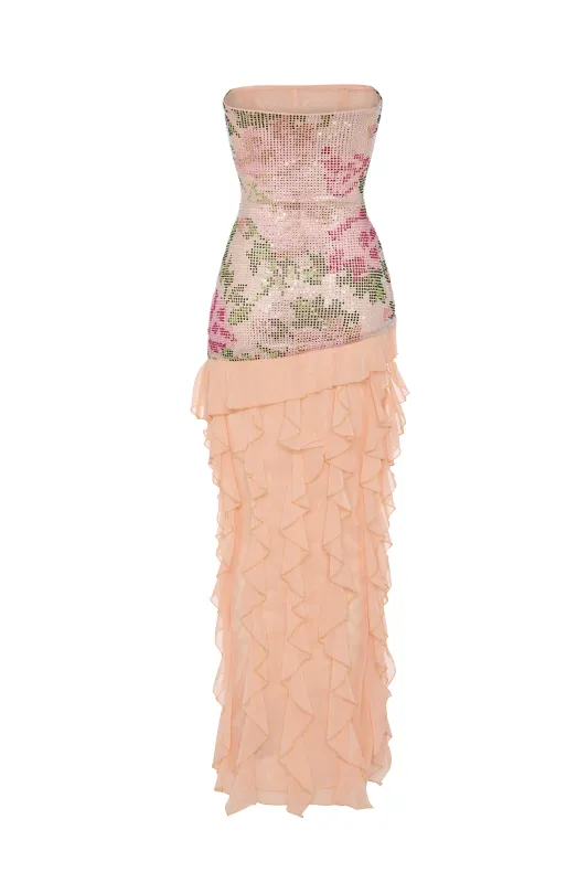 Embellished Ruffle-Trim Strapless Gown in Rose Hotfix sold by Oh Polly