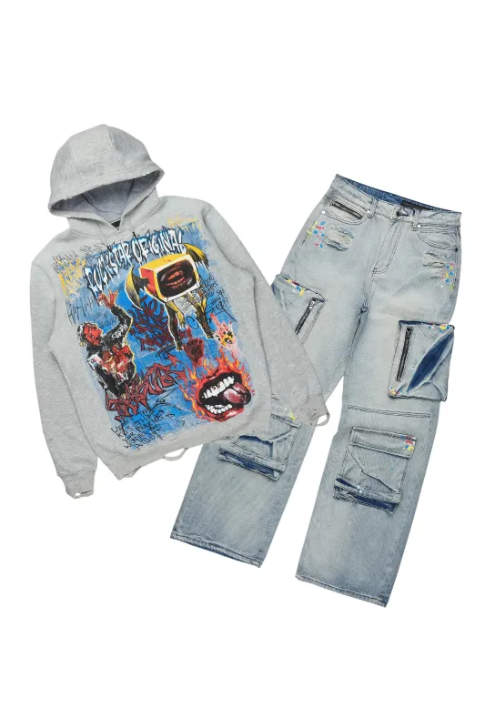 Yooz Grey/Blue Hoodie/Baggy Fit Jean Bundle sold by Rockstar Original