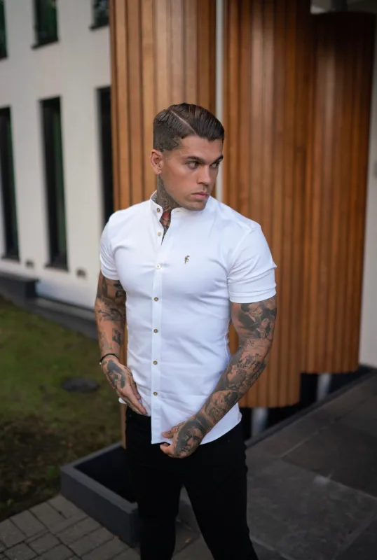 Father Sons Super Slim Stretch White Denim Short Sleeve Grandad collar with Metal Buttons and Decal Emblem - FS720 sold by Father Sons