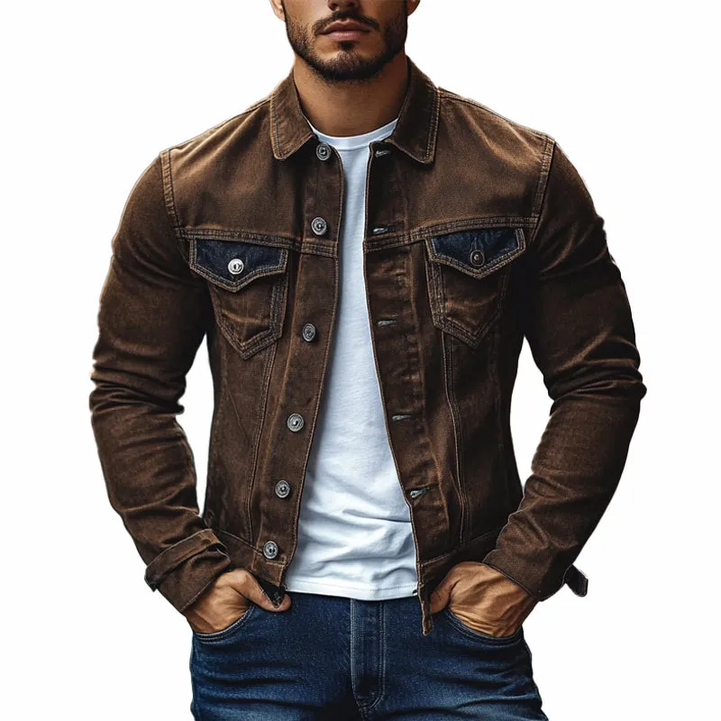 Men's Solid Color Vintage Washed Patchwork Denim Jacket 51829543X sold by Manly