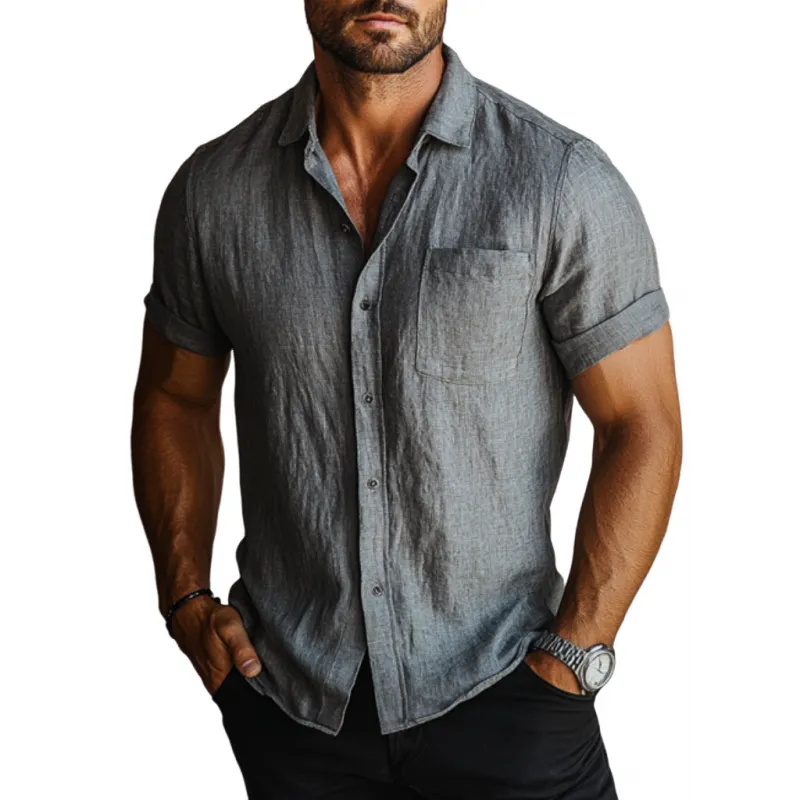 Men's Casual Linen Lapel Slim Fit Short Sleeve Shirt 26571670M sold by Manly