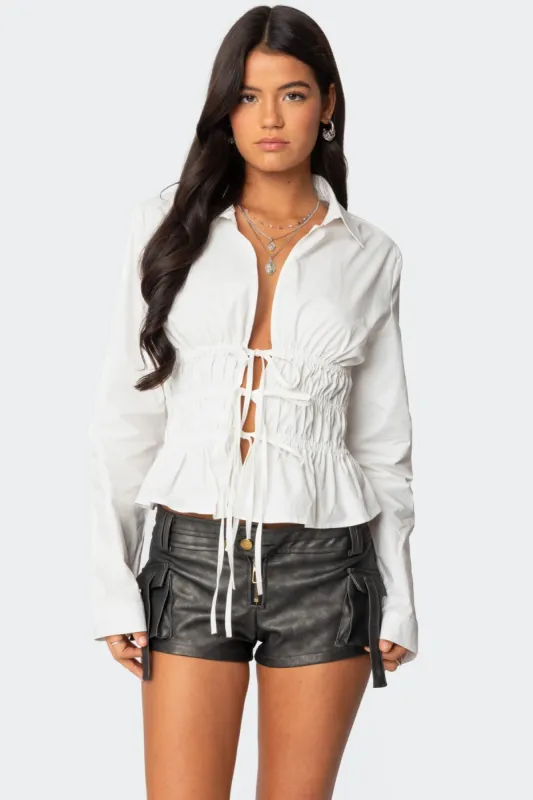 Sharon Collared Tie Front Top sold by Edikted