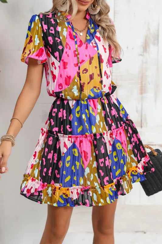 Rose Leopard Short Sleeve Tiered Ruffle Mini Dress sold by Beagle Boutique