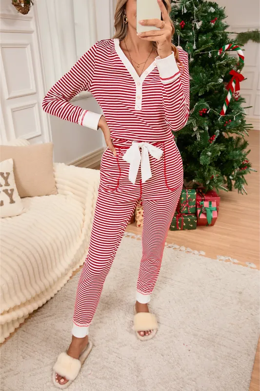 Red Stripe Buttoned V Neck Top and Knotted Waist Pants Pyjama Set sold by Beagle Boutique