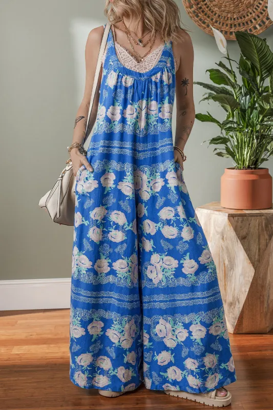 Blue Floral Print Wide Leg Sleeveless Jumpsuit sold by Beagle Boutique