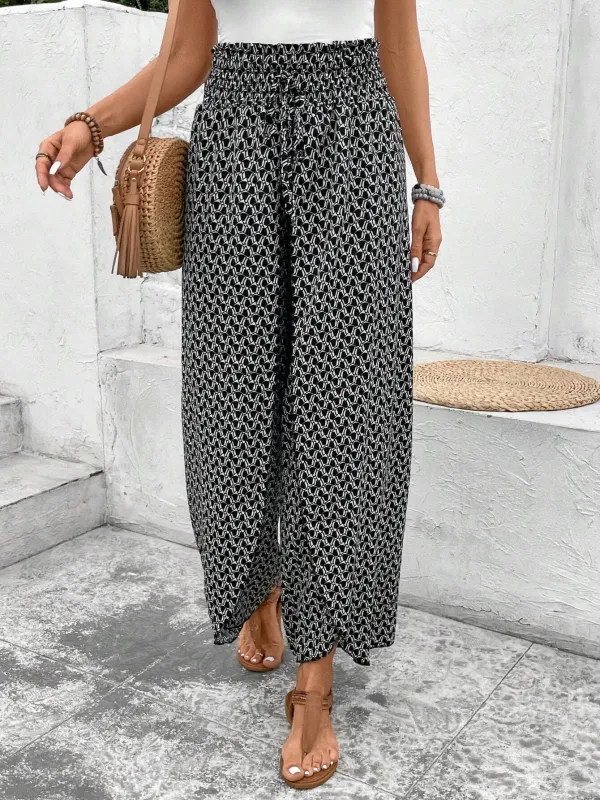 Black Bohemian Print Slit Wide Leg Smocked High Waist Pants sold by Beagle Boutique