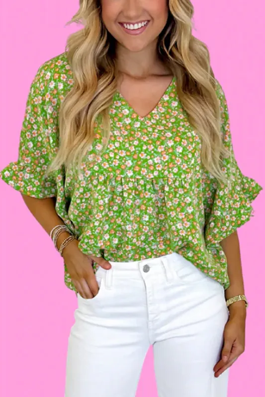 Green Floral Print Ruffle Sleeve V Neck Blouse Top sold by Beagle Boutique