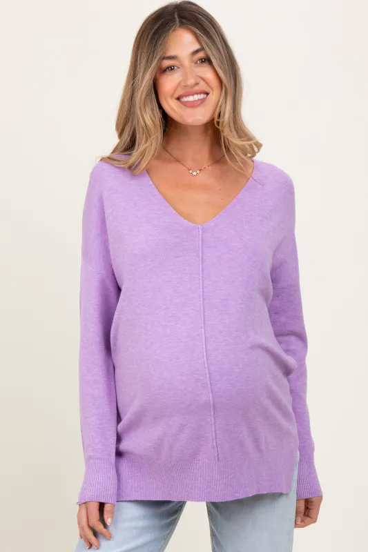 Lilac Front Seam V-Neck Side Slit Maternity Sweater sold by Pinkblush