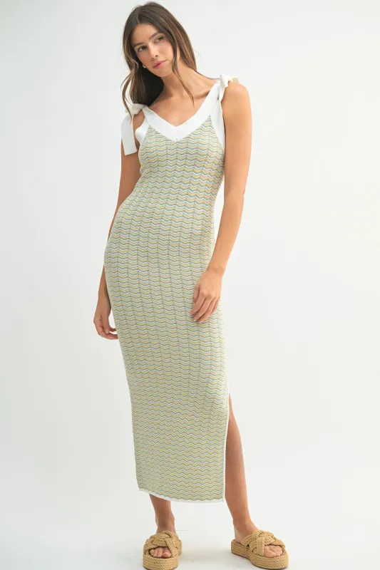 Light Olive Chevron Knit Shoulder Tie Midi Dress sold by Pinkblush