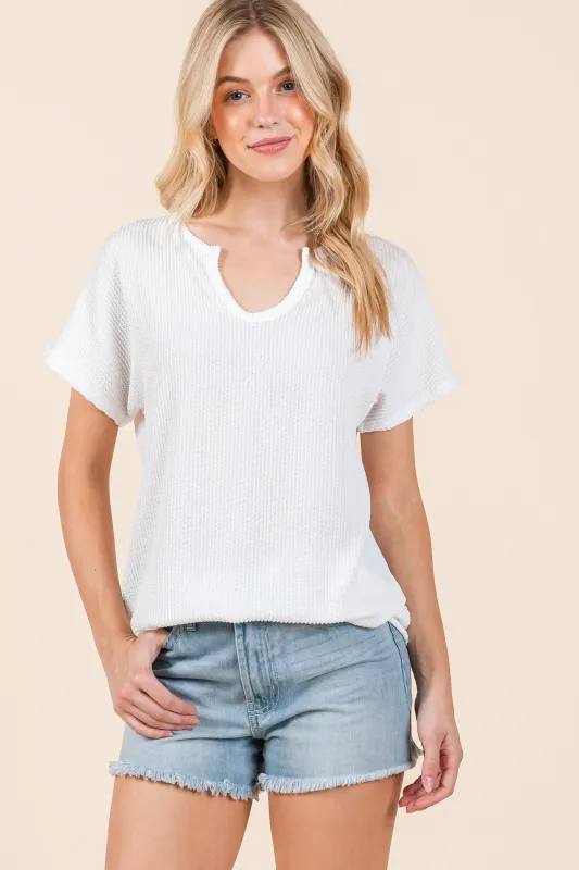 White Ribbed Notched Neckline Top sold by Pinkblush