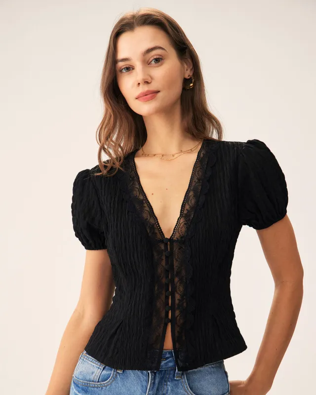 Black Jacquard Lace Button Blouse sold by rihoas