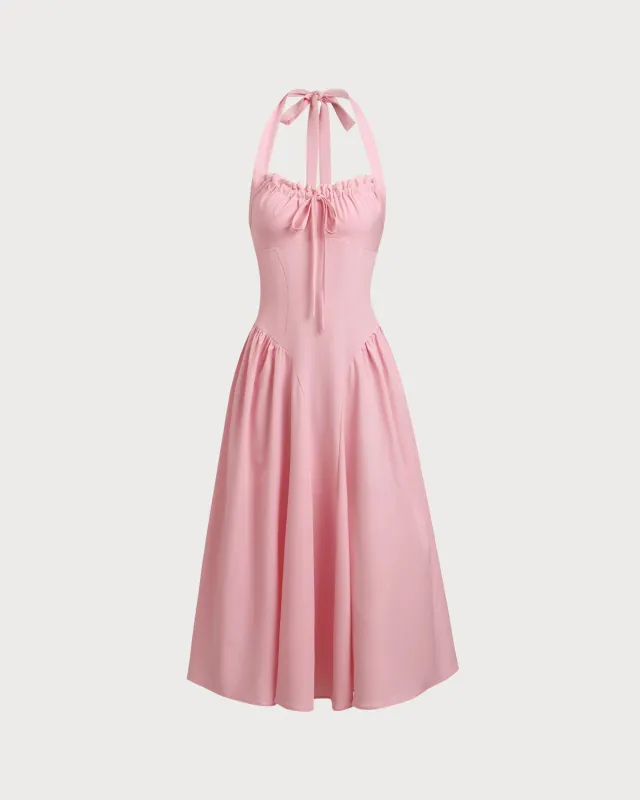 Pink Ruched Halter Midi Dress sold by rihoas