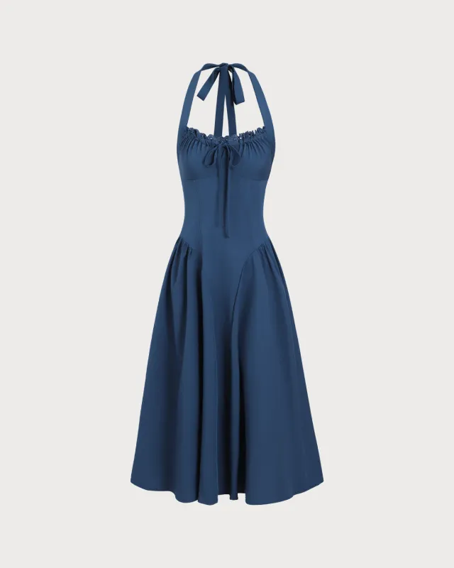 Navy Ruched Halter Midi Dress sold by rihoas
