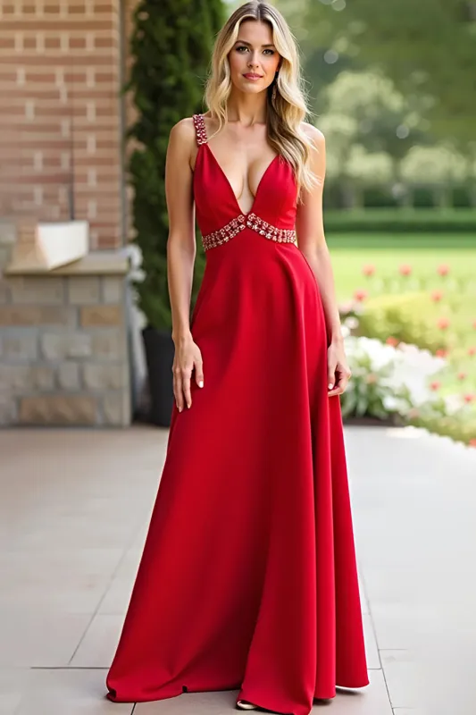 Red A Line Deep V-Neck Chiffon Bridesmaid Dress sold by Zapaka