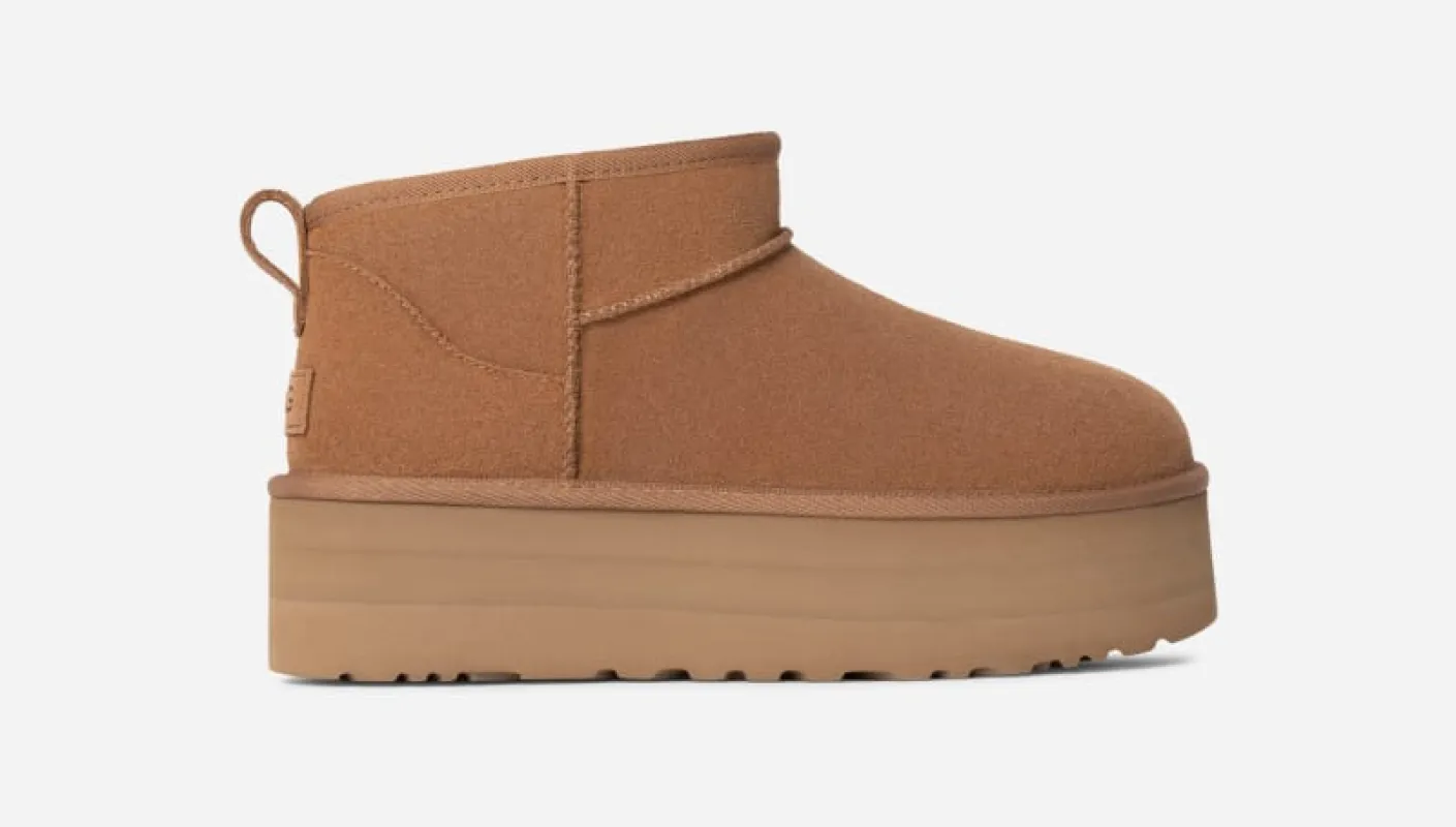 UGG® Women's Classic Ultra Mini Platform Suede Classic Boots in Chestnut, Size 8 sold by UGG