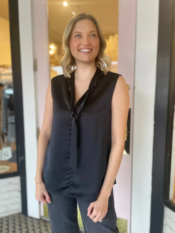 Tie Neck Satin Shell | Black sold by Belletique