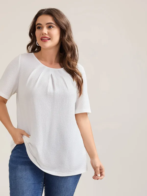 Stretchy Textured Pleated Round Neck T-Shirt sold by Bloomchic