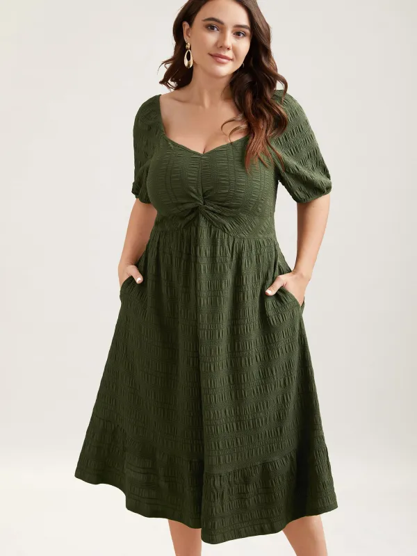 Textured Front-Twist Square Neck Midi Dress sold by Bloomchic