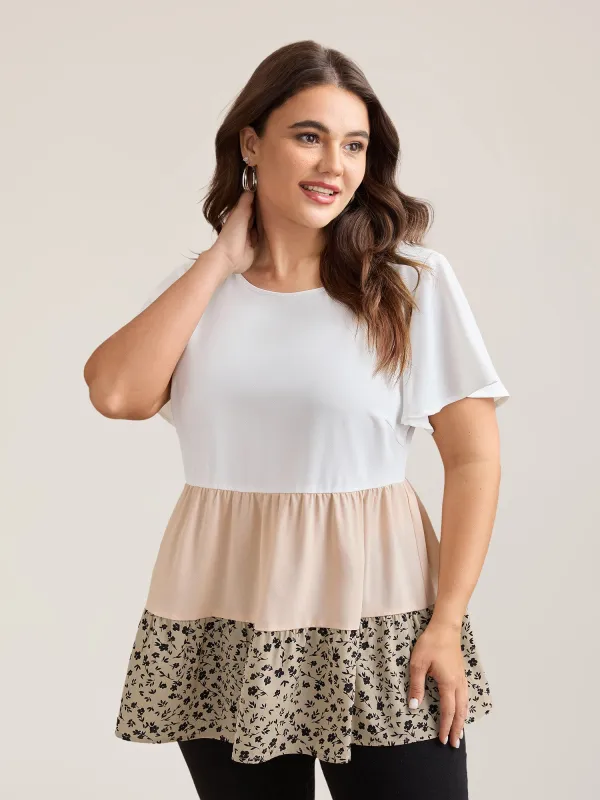 Round Neck Contrast Tiered Blouse sold by Bloomchic