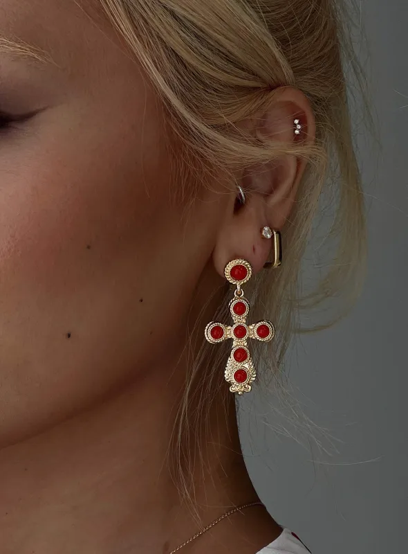 Oakwood Cross Earrings Gold / Red sold by Princess Polly