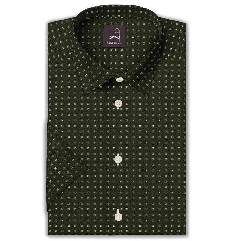 Pure Cotton - Semi-Spread Collar - Short Sleeve - Olive Diamond Grid sold by Airthreads