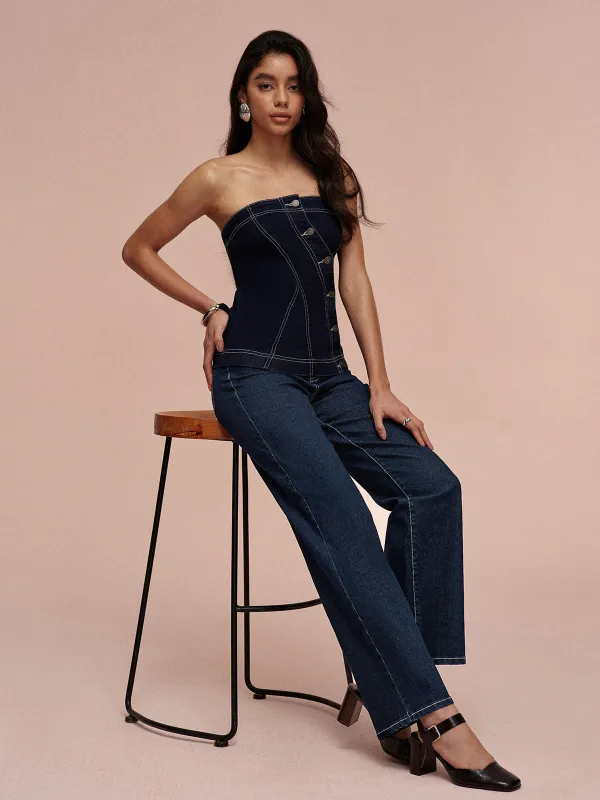 Mid-Waisted Straight-Leg Jeans sold by COMMENSE