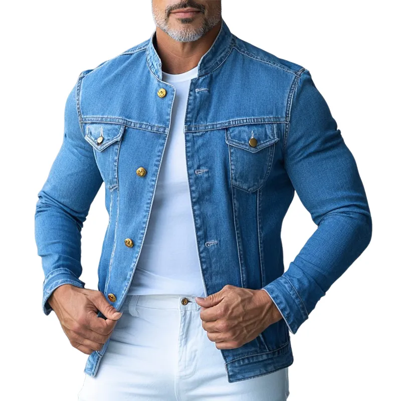 Men's Vintage Casual Denim Pocket Stand Collar Jacket 01147838TO sold by Manly
