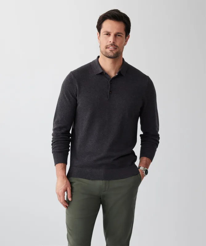 Long Sleeve Textured Knit Polo - Charcoal sold by GAZMAN