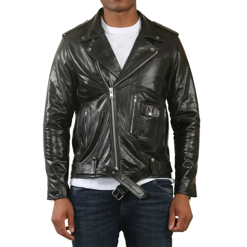Men's Cow Hide Biker Brando Cross Zip Leather Jacket sold by Tru Clothing