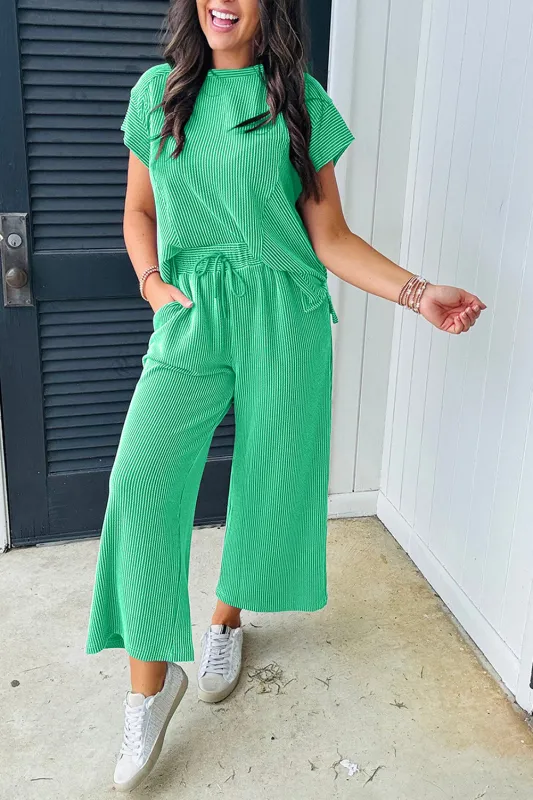 Bright Green Solid Corded Knit Short Sleeve T Shirt and Wide Leg Pants Set sold by Beagle Boutique
