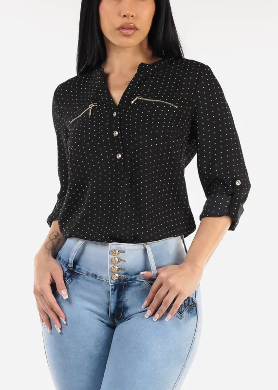 Long Sleeve Polka Dot Chiffon Blouse Black sold by Moda