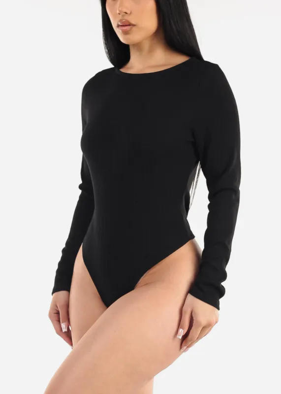 Round Neck Long Sleeve Thong Bodysuit Black sold by Moda
