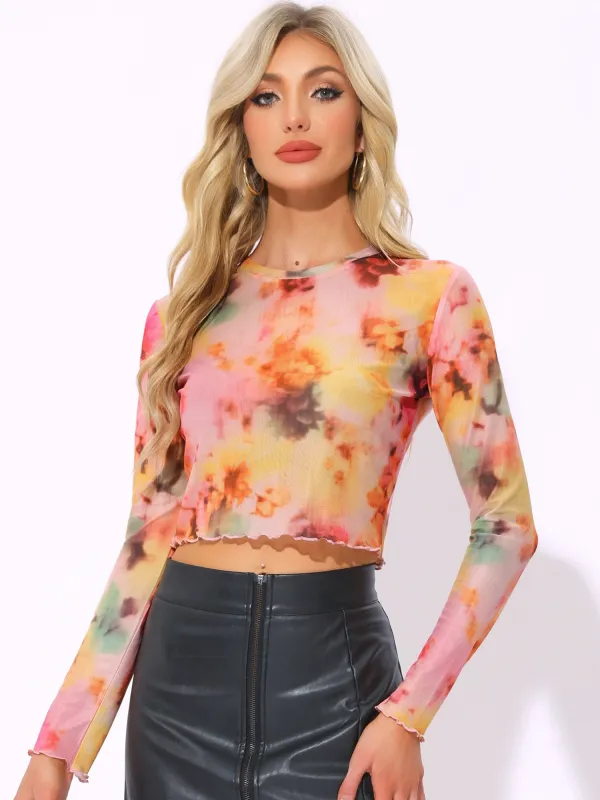 Mesh Crew Neck Long Sleeve Tie Dye Crop Top sold by Allegra K
