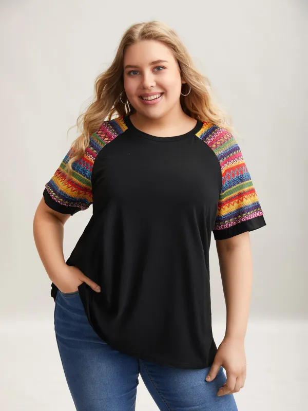 Multi-Color Striped Sleeve Spliced T-Shirt sold by Bloomchic