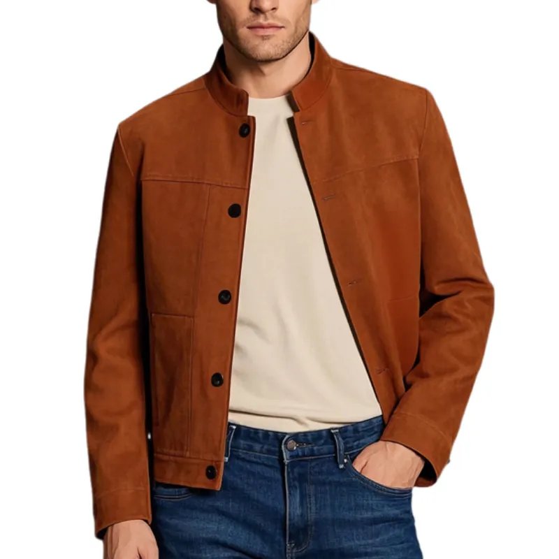 Men's Casual Vintage Suede Stand Collar Single Breasted Jacket 57178585F sold by Manly