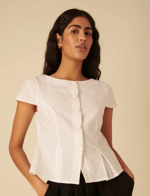 White Linen-blend Tailored Pleated Blouse sold by Nobody's Child