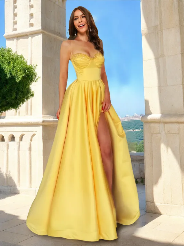 A-Line/Princess Sweetheart Straps Corset Ruched Prom Dresses with Split Side sold by Lavetir