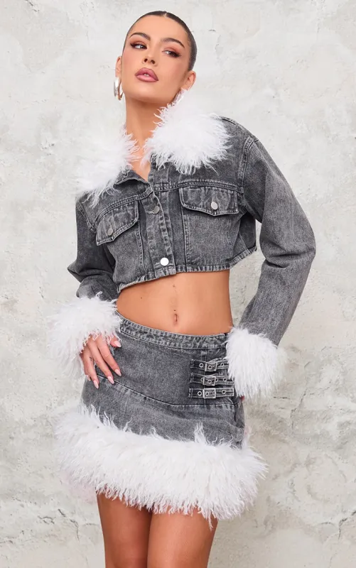 Washed Grey Denim Cropped Faux Fur Trim Detail Jacket sold by Pretty Little Thing