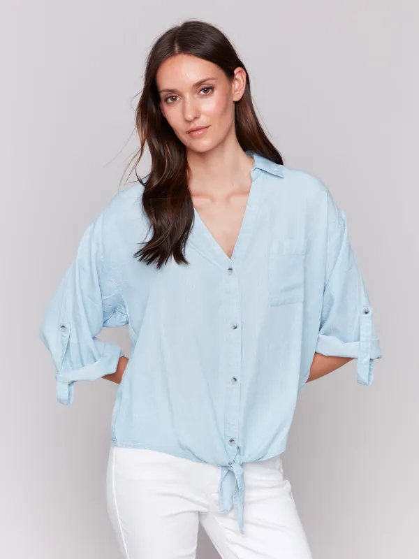 Tencel Button-Front Blouse with Front Tie - Chambray sold by Charlie B