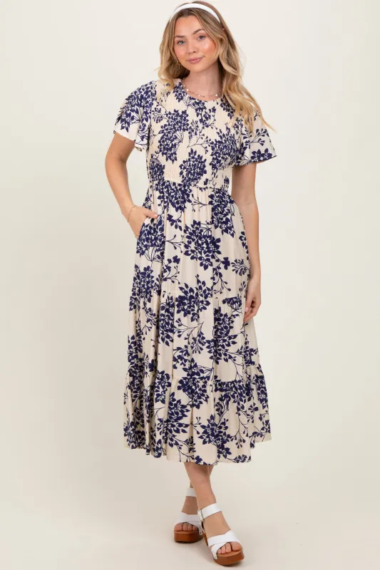Navy Floral Smocked Ruffle Hem Midi Dress sold by Pinkblush