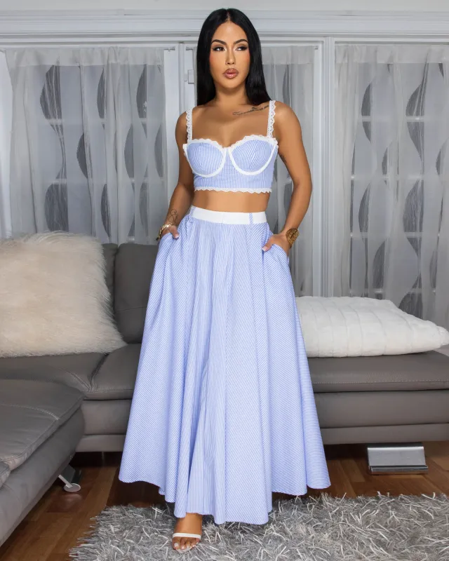 Shayna Blue White Stripes Skirt Set sold by Chic Couture